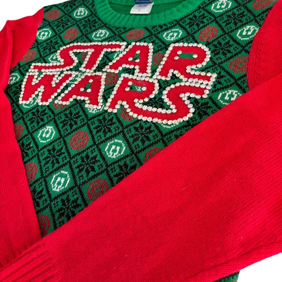 Kids Star‎ Wars Ugly Christmas Sweater Green Red Rhinestone Logo Size S - Picture 2 of 9